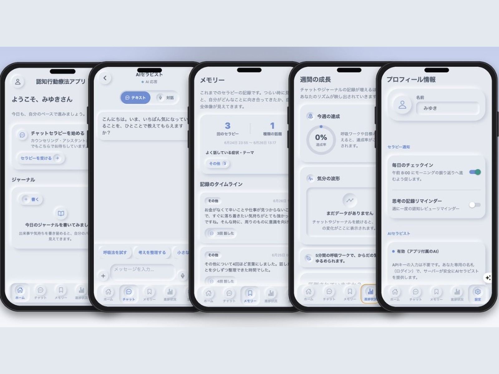 マインドフル・パス — ネオモーフィズムUIの5画面（ホーム・チャット・メモリー・進捗・設定）をスマホモックで横一列に並べたサムネイル